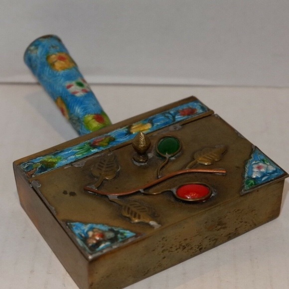 Antique Cloisonne Chinoiserie Enameled Brass Chinese Handled Silk Iron Box
